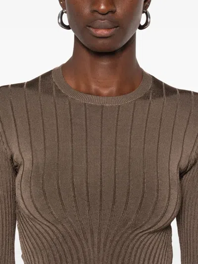 Mugler Ribbed Round-neck Sweater In Brown