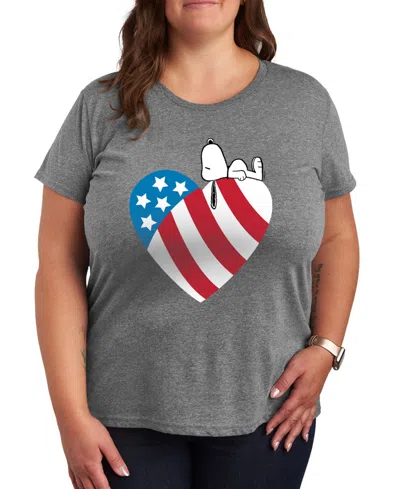 Hybrid Apparel Plus Size Peanuts Snoopy American Flag Heart Graphic T-shirt In Gray