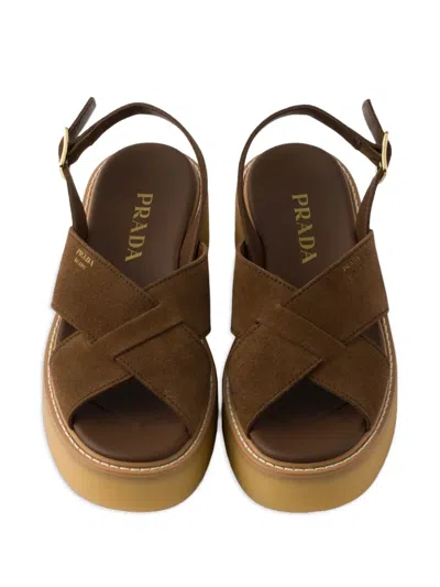 Prada Suede Platform Sandals With 5.5 Cm Sole In Brown