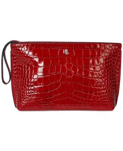 Ralph Lauren Crocodile-embossed Leather Zipper Pouch In Red