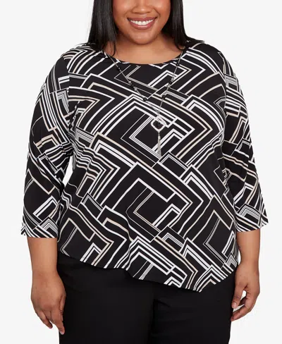 Alfred Dunner Plus Size As Usual Geometric Textured Top With Necklace In Black