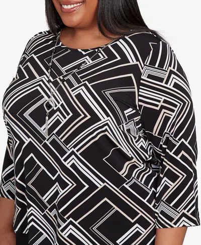 Alfred Dunner Plus Size As Usual Geometric Textured Top With Necklace In Black