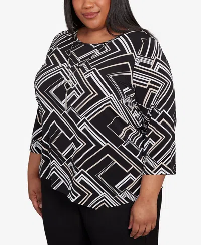 Alfred Dunner Plus Size As Usual Geometric Textured Top With Necklace In Black