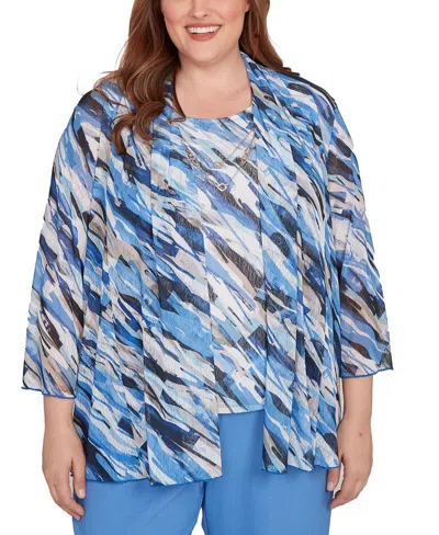 Alfred Dunner Plus Size Textured Mesh Printed Two In One Top With Necklace In Blue