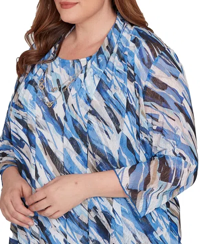 Alfred Dunner Plus Size Textured Mesh Printed Two In One Top With Necklace In Blue