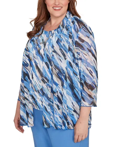 Alfred Dunner Plus Size Textured Mesh Printed Two In One Top With Necklace In Blue