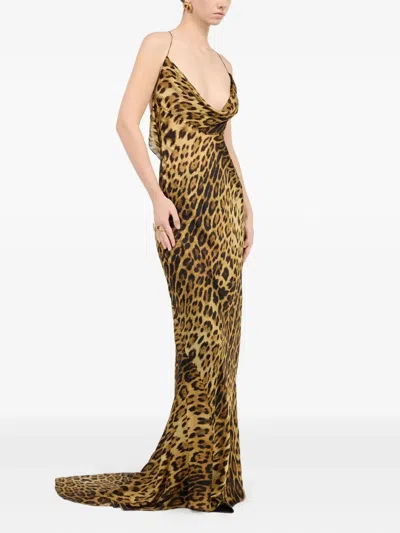 Roberto Cavalli Leopard Print Draped Dress With Open Back In Animal Print
