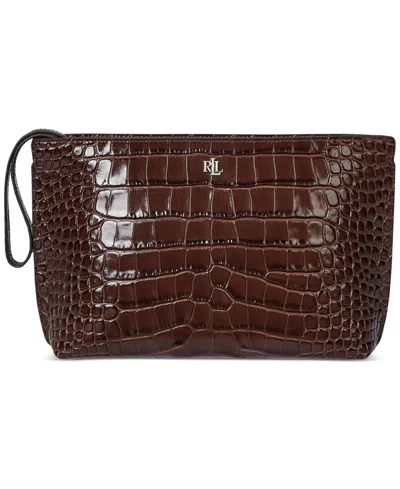 Ralph Lauren Crocodile-embossed Leather Zipper Pouch In Brown