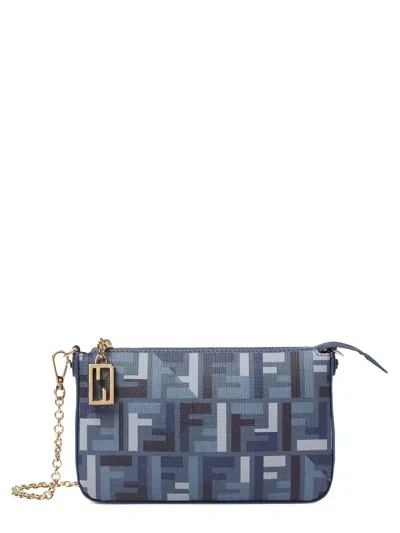 Fendi Pouch With Chain Baguette In Blue Ff Fabric Women In Blue