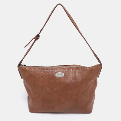 Pre-owned Celine Brown Floral Embossed Leather Vintage Shoulder Bag