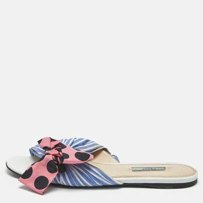 Pre-owned Prada Blue/pink Fabric Stripe Printed And Polka Dot Bow Detail Slide Sandals Size 41