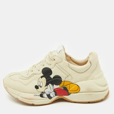 Pre-owned Gucci X Disney Cream Leather Mickey Mouse Rhyton Sneakers Size 41 In White