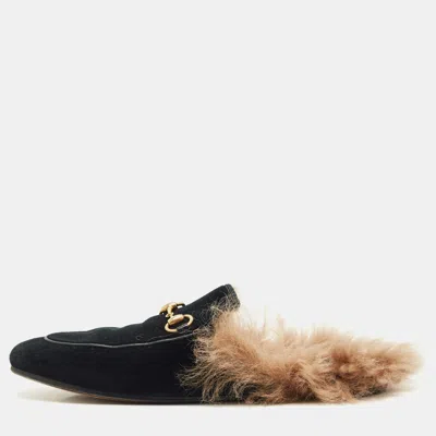 Pre-owned Gucci Black Velvet And Fur Lined Princetown Flat Mules Size 36.5