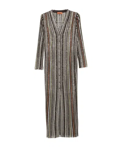Missoni Long Dress With V-neck And Herringbone Stripe Knit In Multi