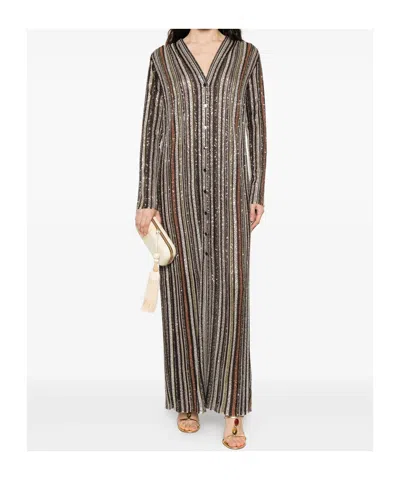 Missoni Long Dress With V-neck And Herringbone Stripe Knit In Multi