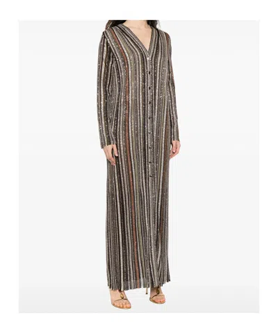 Missoni Long Dress With V-neck And Herringbone Stripe Knit In Multi