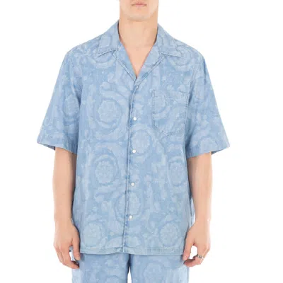 Versace Barocco Print Chambray Denim Shirt In Blue