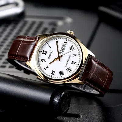 Casio Retro Fashion Business Analog Watch 'gold White Brown' In Multi