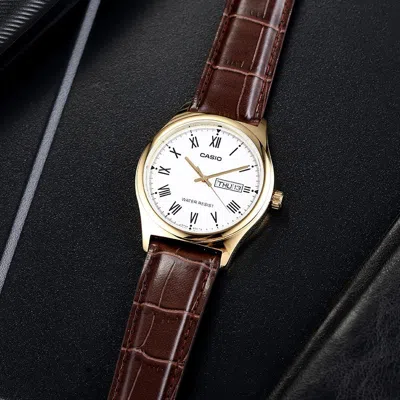 Casio Retro Fashion Business Analog Watch 'gold White Brown' In Multi