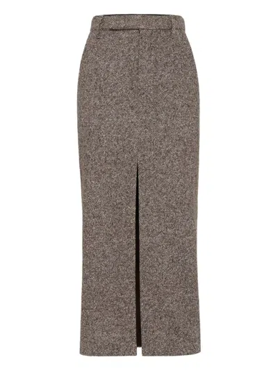 Brunello Cucinelli Wool And Silk Mélange Diagonal Sartorial Pencil Skirt With Monili In Brown