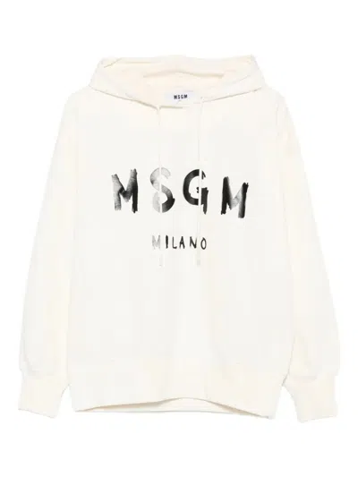 Msgm Classic Logo Print Hoodie With Raglan Sleeves In Neutral