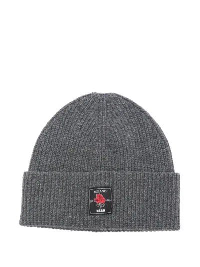 Msgm Rose-patch Ribbed Beanie Accessories In Gray