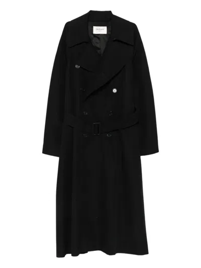 Saint Laurent Double-breasted Long Coat In Grain De Poudre In Black