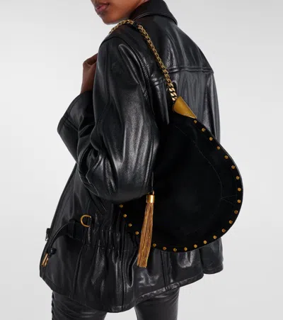 Isabel Marant Oskan Leather-trimmed Tasseled Studded Suede Shoulder Bag In Black
