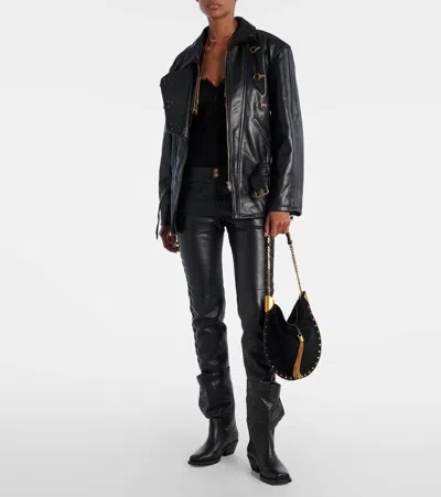 Isabel Marant Oskan Leather-trimmed Tasseled Studded Suede Shoulder Bag In Black