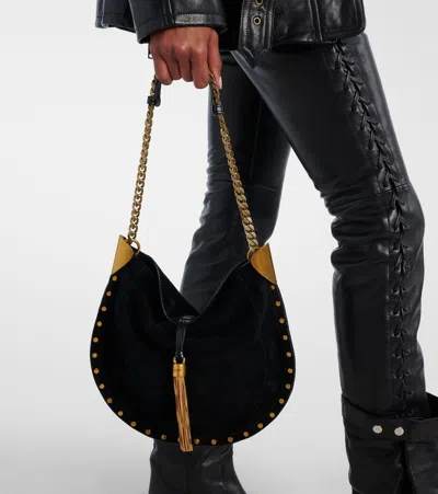 Isabel Marant Oskan Leather-trimmed Tasseled Studded Suede Shoulder Bag In Black