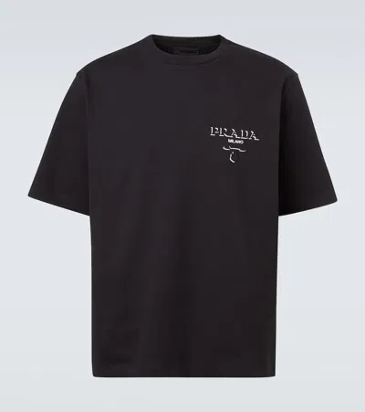 Prada Mens Black Logo-print Dropped-shoulder Cotton-jersey T-shirt