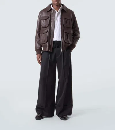 Simone Rocha Brown Oversized Multi Pocket Aviator Leather Jacket In Brown