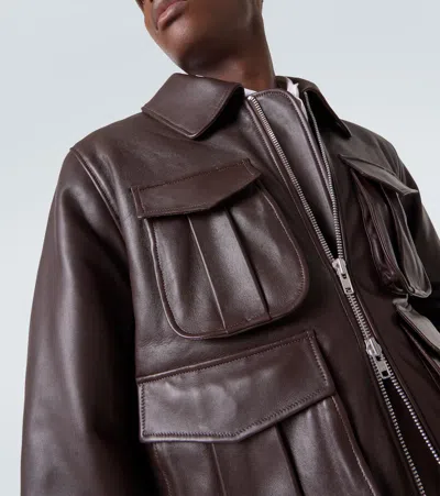 Simone Rocha Brown Oversized Multi Pocket Aviator Leather Jacket In Brown