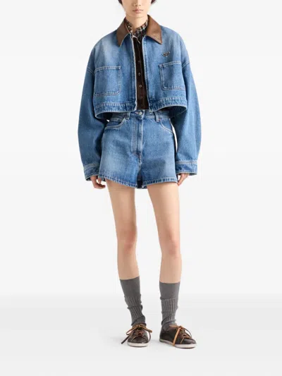 Prada Cropped Denim Jacket In Blue