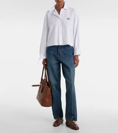 Miu Miu Cropped Long Sleeve Shirt With Point Collar In White