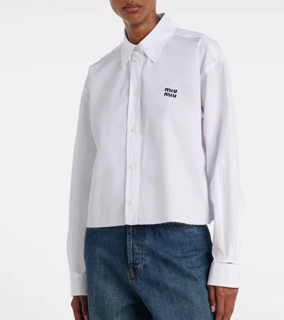 Miu Miu Cropped Long Sleeve Shirt With Point Collar In White