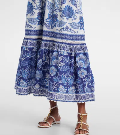 Farm Rio Shell Garden Cotton Ruffle Maxi Dress In Blue