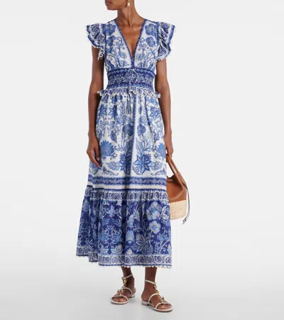 Farm Rio Shell Garden Cotton Ruffle Maxi Dress In Blue