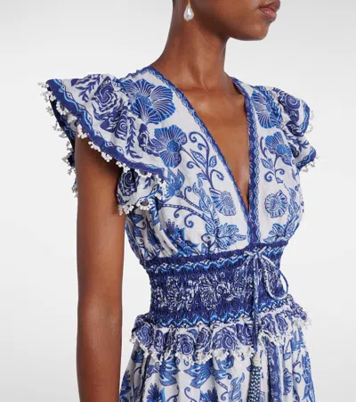 Farm Rio Shell Garden Cotton Ruffle Maxi Dress In Blue