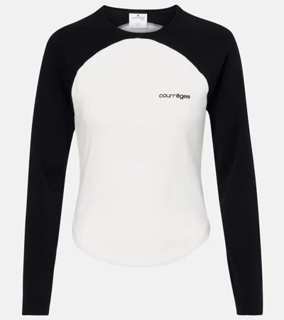 Courrèges Long-sleeved Contrast T-shirt With Rounded Hem And Logo Print In White