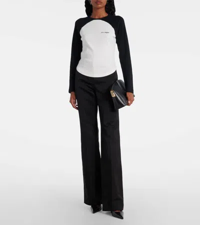Courrèges Long-sleeved Contrast T-shirt With Rounded Hem And Logo Print In White