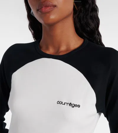 Courrèges Long-sleeved Contrast T-shirt With Rounded Hem And Logo Print In White