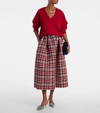 Oscar De La Renta Textured Plaid-print Pleated Midi Circle Skirt In Neutral