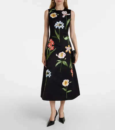 Leo Lin Floral Embroidered Midi Dress In Black