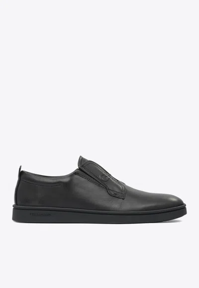 Ferragamo Alfie Black Sneakers With Gancini Detail On The Side And Embossed Logo Lettering On The Side In Leat In Black