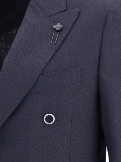 Lardini Textured Weave Double-breasted Knit Jacket In Blue