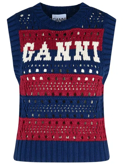 Ganni Striped Openwork Vest With Logo Inlay In Blue