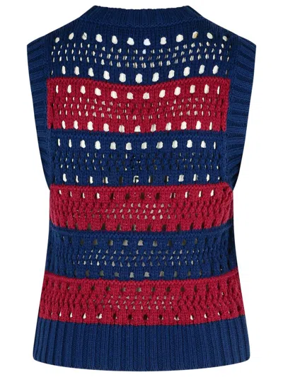 Ganni Striped Openwork Vest With Logo Inlay In Blue