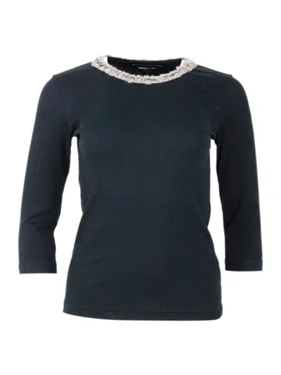 Fabiana Filippi Three-quarter Sleeve Embellished Neckline Top In Blue