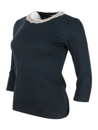 Fabiana Filippi Three-quarter Sleeve Embellished Neckline Top In Blue